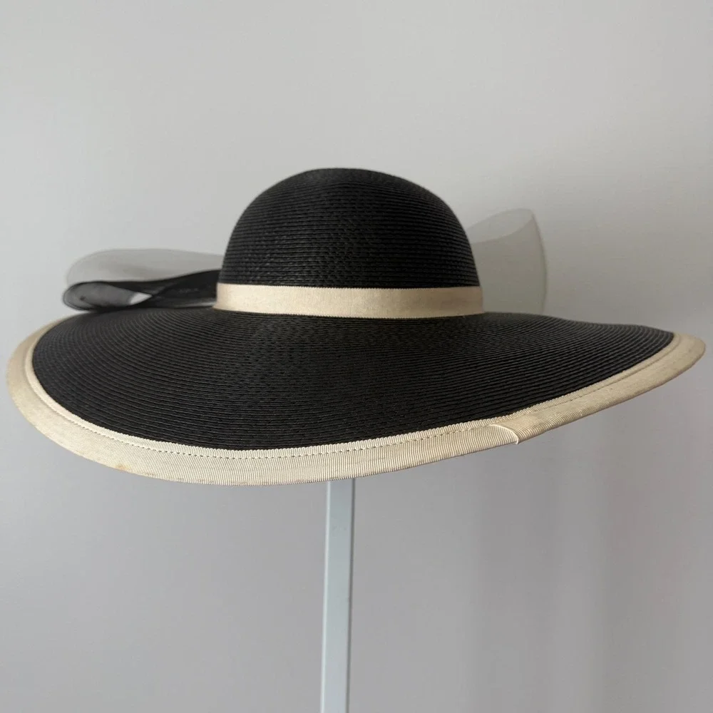 David M Designer Luxury Old Money OS Black White Straw Hat Tulle Kentucky Derby